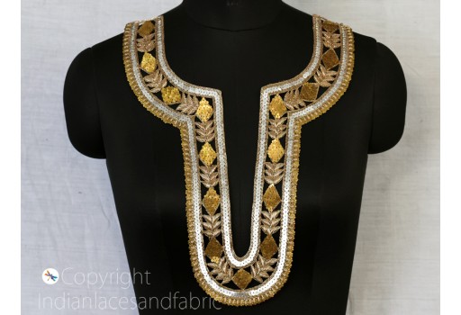 Indian Decorative Exclusive Metallic Thread Neckline Patches Handcrafted Sequin Zardozi Gold Wedding Dresses Neck Embroidery DIY Crafting Applique
