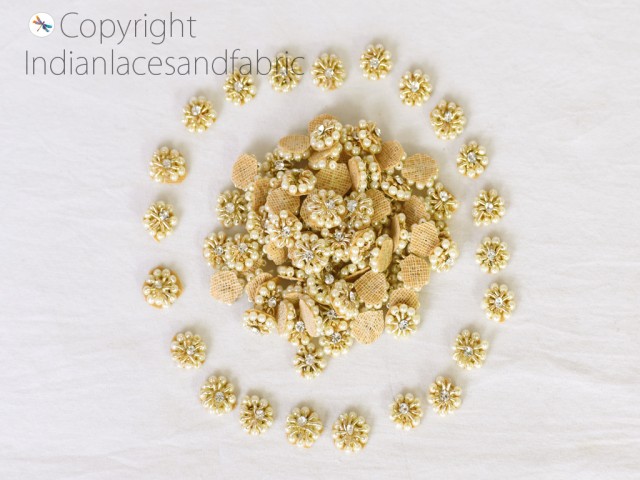 75 Tiny Rhinestone Golden Patches For Dupatta Decoration Embroidery Beaded Bridal Headband Flower Shaped Beaded Sequins Appliques