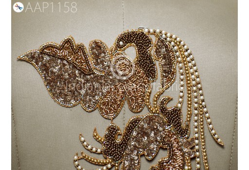 2 Pc Beaded Patches Gold Applique Decorative Embroidered Indian Sewing Wedding Dresses Costumes Appliques Handmade DIY Crafting Cushion Covers