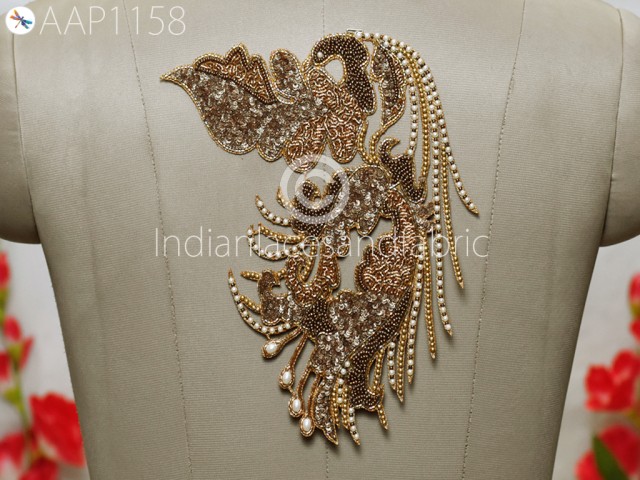 2 Pc Beaded Patches Gold Applique Decorative Embroidered Indian Sewing Wedding Dresses Costumes Appliques Handmade DIY Crafting Cushion Covers