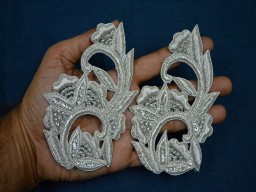 4 Pieces Indian Silver Color Appliques Patches Christmas Decorative Sewing Dresses Appliques Handmade Crafting Supply Decor Beaded Patch