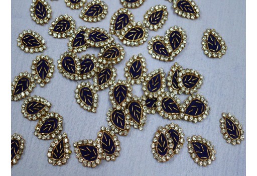 100 Tiny Golden Applique Indian Bridal Dress Appliques Headband Patch For Festive Wear Leaf Shaped Navy Blue Rhinestone Embroidery Applique