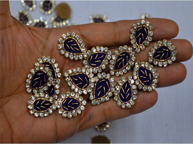 100 Tiny Golden Applique Indian Bridal Dress Appliques Headband Patch For Festive Wear Leaf Shaped Navy Blue Rhinestone Embroidery Applique