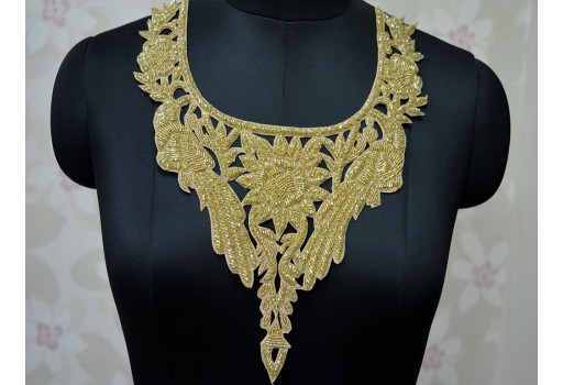 2 Pc Indian Beaded Patches Decorative Costumes Collar Hand Crafted Neckline Applique Crafting Sewing Decorated Golden Beads Neck Design For Gowns