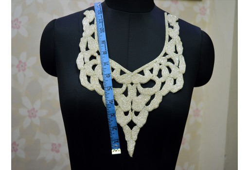 2 Pc White Beads Decorative Neck Patches Beaded Neckline Patch by 1 Pieces Indian Collar Hand Crafted Applique Crafting Sewing Decorated Earrings