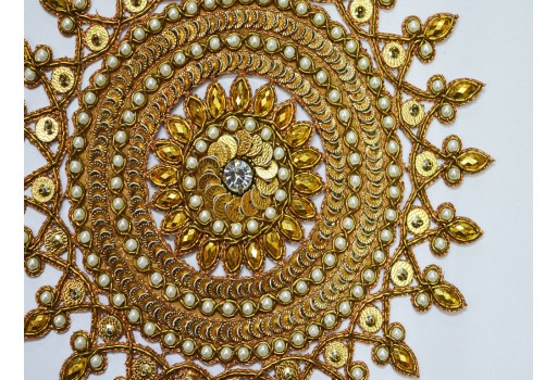 Handcrafted Appliques 1 Pieces Gold Indian clothing accessories Beaded embellishments Embroidery Sew on Patch Decorative Beads Crafting Sewing craft Christmas Patches and wall hanging décor dresses appliques