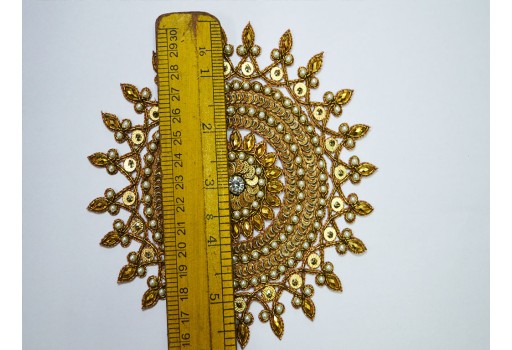 Handcrafted Appliques 1 Pieces Gold Indian clothing accessories Beaded embellishments Embroidery Sew on Patch Decorative Beads Crafting Sewing craft Christmas Patches and wall hanging décor dresses appliques