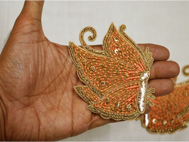 1 Pair Peach Christmas Appliques Golden Decorative Appliques Handmade Patches Sewing Indian Dresses Crafting Supply Decor Patches Wholesaler