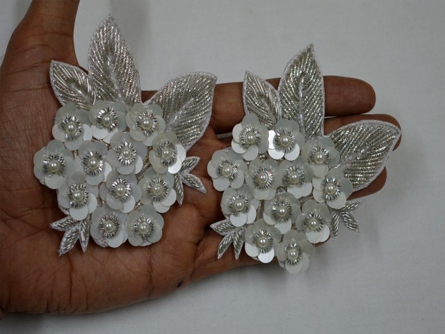 appliques silver 1 pair handcrafted patches feather for cushion covers hats embroidered indian sewing dresses handmade perfect  for embellishing a wedding dress embroidery exclusive look beaded patches applique