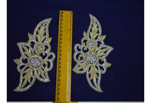 2 Pair Crafting Indian Handmade Appliques Decorative Dresses Patches Christmas Appliques Sewing Supply Decor Rhinestone Dull Gold Patches