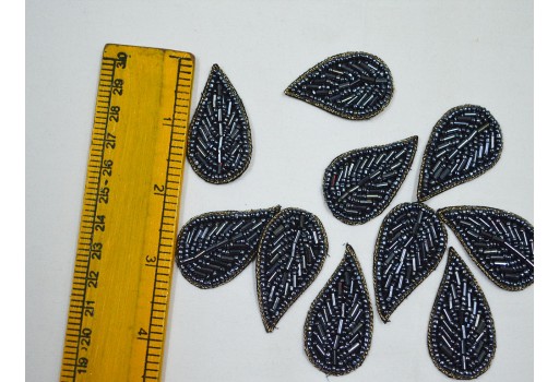 15 Gray Indian Beaded Patch Embroidery Sew on Patch Decorative Denim Patches Leaf Applique Embroidery Handcrafted Appliques Crafting Sewing