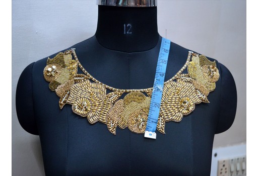 Gold Neck Zardosi Decorated Exclusive Handcrafted Indian Embroidered Appliques by 1 Pieces Decorative Neckline Patches For Party Wear Gown