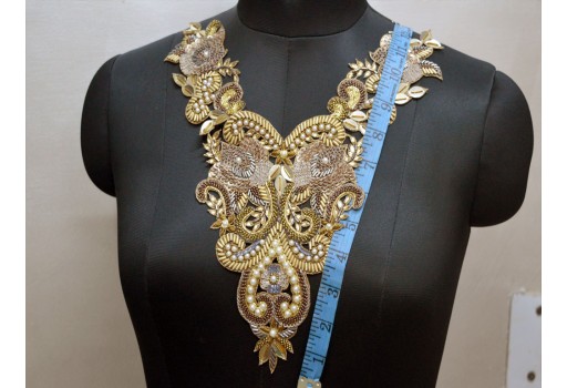 Handcrafted Beaded Neck Patches Indian Decorative Gold Collar Handmade Neckline Patches Embroidered Applique Crafting Ribbon Decorated Lace