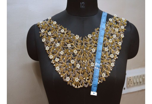 Gold Beaded Neckline Patches Collar Decorative Floral Work Indian Sold by 1 Pieces Crafting Sewing Decorated Boutique supplies Neck Patch