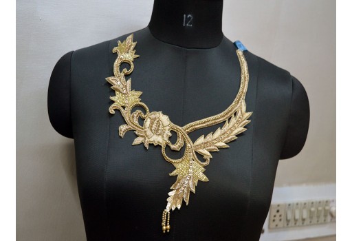 2 Pc Handmade Gold Sequins Neckline Decorative Patches Crafting Zardosi Gold Neck Patches Decorated Handcrafted Patches Embroidery Applique