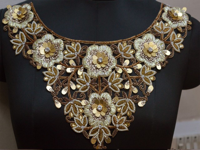1 Pieces Beaded Neckline Handcrafted Patches Indian Decorative Gold Collar Handmade Neckline Patches Embroidered Applique Decorated Lace