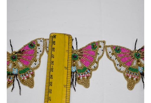 2 Fuchsia Butterfly Beaded Patches Applique Embroidered Indian Handmade Sewing Applique Dresses DIY Crafting Handcrafted Cushion Covers