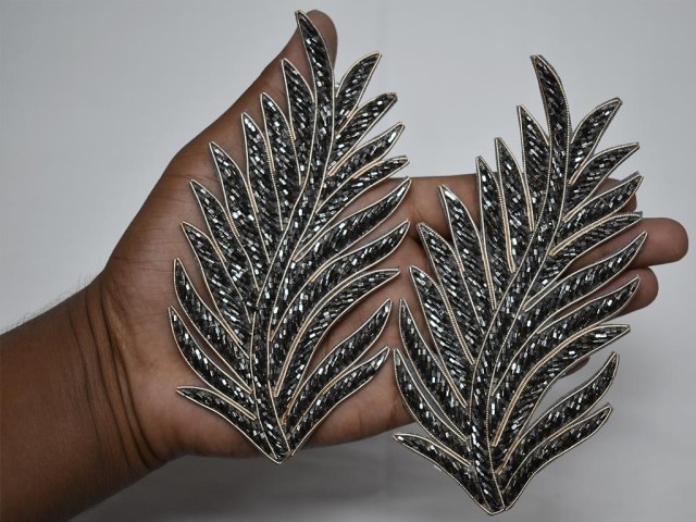 2 Grey Beaded Decorative Handmade Patches Leaf Embroidered Indian Sewing Thread Dresses Handcrafted Patches Appliques Crafting Supply Bags