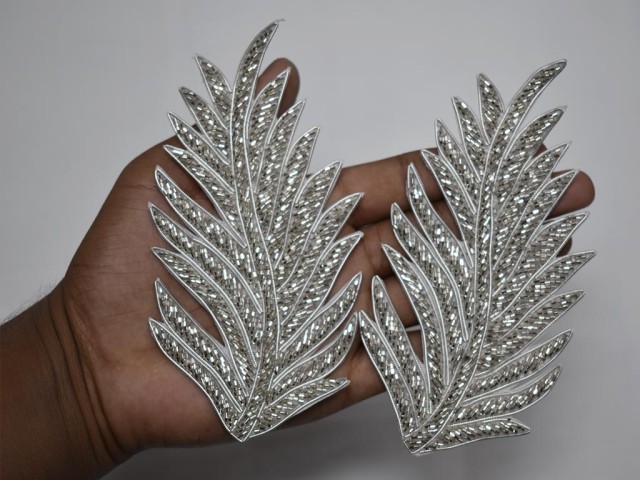 4 Pieces Silver Beaded Decorative Handmade Patches Leaf Embroidered Indian Appliques Crafting Supply Bags Sewing Thread Dresses Handcrafted Patches
