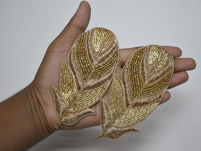 4 Piece Gold Handmade Feather Patches for Cushion Covers Hat Embroidered Indian Sewing Dresses Handcrafted Beaded Patches Appliques Crafting