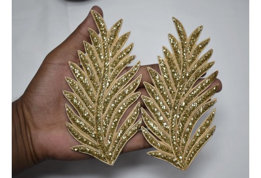 Leaf Embroidered Indian Sewing Thread Dresses Handcrafted Patches Appliques Crafting Supply Bags 2 Gold Beaded Decorative Handmade Patches