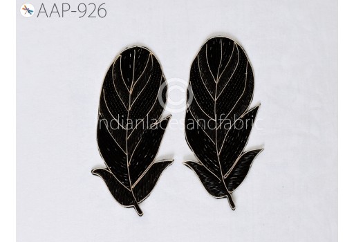 4 Piece Black Patches Appliques Handcrafted Zardozi Feather for Cushion Covers Hats Indian Sewing Dresses Crafting Handmade Beaded Patches
