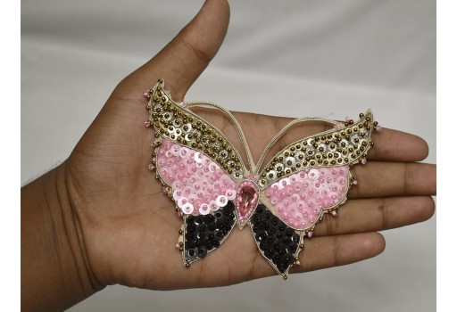 Handcrafted Pink Decorative Butterfly Handmade Patches Embroidered Indian Sewing Thread Beaded Dresses Appliques Crafting Supply Applique