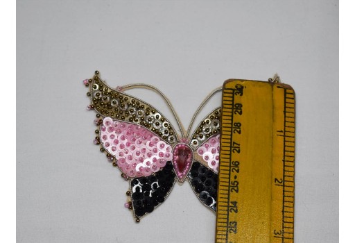 Handcrafted Pink Decorative Butterfly Handmade Patches Embroidered Indian Sewing Thread Beaded Dresses Appliques Crafting Supply Applique