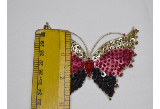 Handcrafted Magenta Decorative Butterfly Handmade Patches Embroidered Indian Sewing Thread Beaded Applique Dresses Appliques Crafting Supply