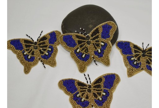 6 Pc Blue Butterfly Beaded Patches Applique Indian Handmade Sewing Applique Dresses Crafting Supply Beaded Patch Cushion Cover Bags