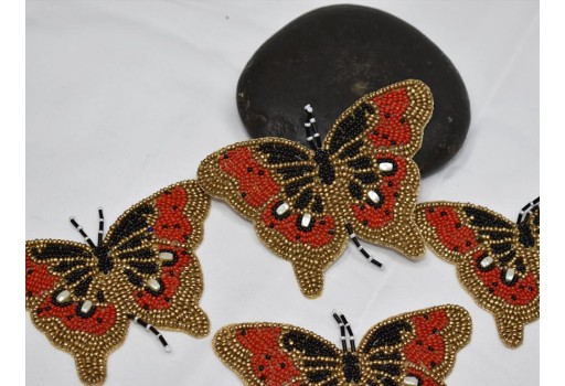 2 Red Butterfly Beaded Patches Applique Handmade Embroidered Indian Sewing Applique Dress DIY Crafting Handcrafted Cushion Bags Denim Jacket