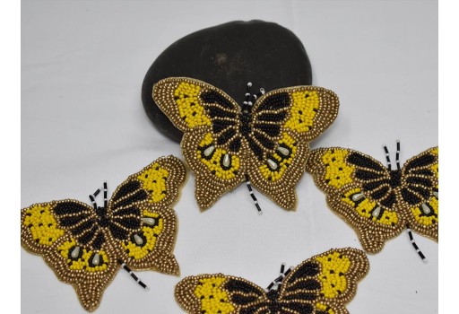 2 Pc Yellow Butterfly Beaded Patches Applique Handmade Embroidered Indian Sewing Dress DIY Crafting Sewing Beaded Patch Cushion Cover Bags
