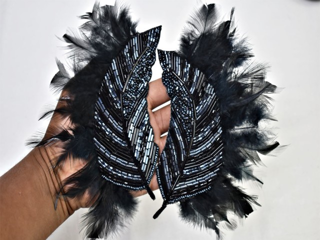 2 Piece Grey Handmade Natural Real Feather Patches Black Bugle Beads Applique Embroidered Indian Sewing Dresses Handcrafted Beaded Appliques