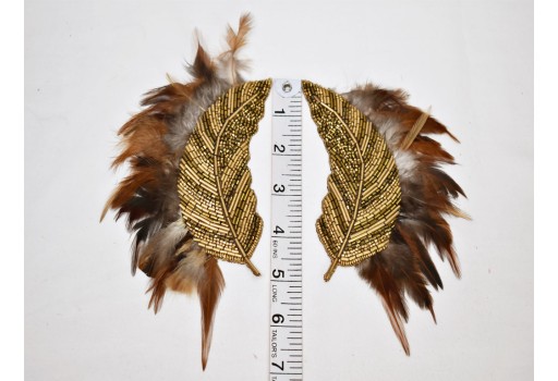 Handcrafted decorative handmade patches 2 Piece Bright Gold Handmade Natural Real Feather beautiful design embroidered indian sewing accessories beaded applique dresses crafting supply  embellishing a wedding skirt  appliques