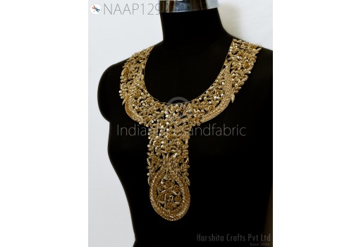 1 Pc Handcrafted Zardozi Gold Neck Patches Crafting Neckline Indian Decorated Sequins Zari Work Embroidered Decorative Patches Sewing Accessories
