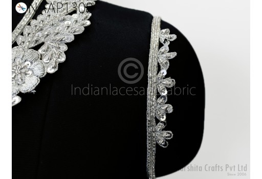 Neckline Patches Zardozi Silver Handmade Neck Patches with sleeves Decorative Neck Handcrafted Crafting Indian Zardozi Neck for Dresses