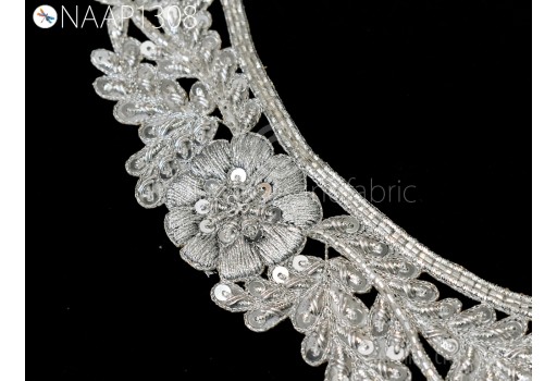 Neckline Patches Zardozi Silver Handmade Neck Patches with sleeves Decorative Neck Handcrafted Crafting Indian Zardozi Neck for Dresses