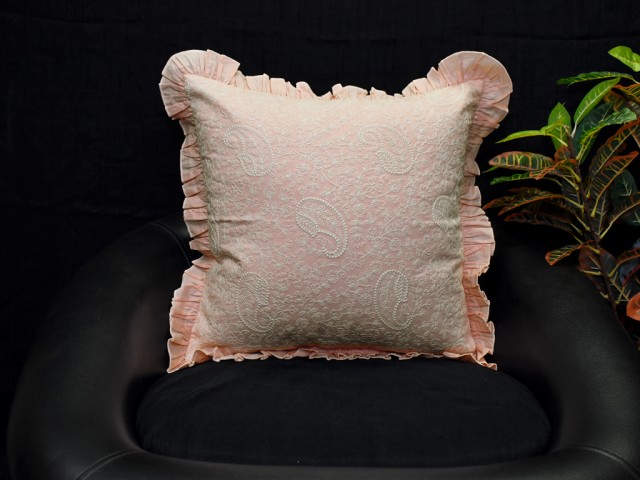 Peachy Pink Embroidered Frill Throw Pillow Cotton Cushion Cover Handmade Embroidery Home Decor Pillowcase Housewarming Bridal Shower Gift