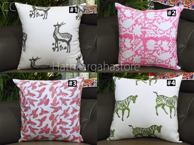 Indian Cushion Cover 16"x16" Screen Printed Sustainable Cotton Cushions Boho Housewarming Gift Decorative Home Decor Pillow Cover