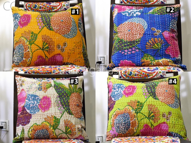 Indian Kantha Cushion Cover 16"x16" Floral Printed Sofa Cushion Covers Decorative Pillow Cover Handcrafted Sustainable Home Decor Gifts