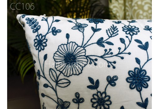 Indian Blue Embroidered Cushion Cover Decorative Home Decor Pillow Cover 18*18 Handmade Embroidery Throw Pillow House Warming Bridal Shower Wedding Gift