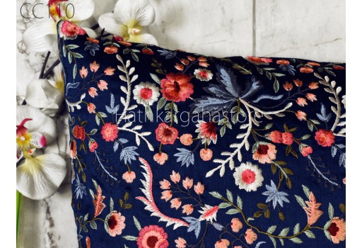 Floral Navy Blue Embroidered Cushion Cover Decorative Home Decor Pillow Cover Handmade Embroidery Throw Pillow House Warming Bridal Shower Wedding Gift