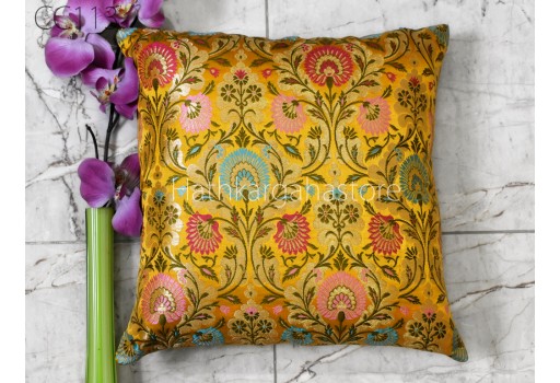 Yellow Brocade Silk Cushion Cover Handmade 14x14 Car Pillow Cover Lumbar Pillowcases Decorative Home Decor House Warming Bridal Shower Wedding Gift