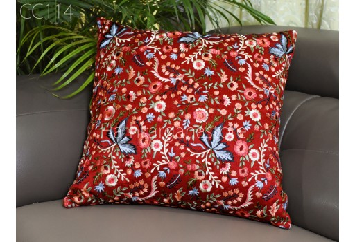 Deep Red Embroidered Cushion Cover Handmade Embroidery Throw Pillow Decorative Home Decor Pillow Cover House Warming Bridal Shower Wedding Gift