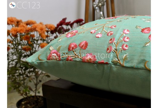 Green Embroidered Cushion Cover Handmade Embroidery Throw Pillow Decorative Home Decor Pillow Cover Housewarming Bridal Shower Wedding Gift.