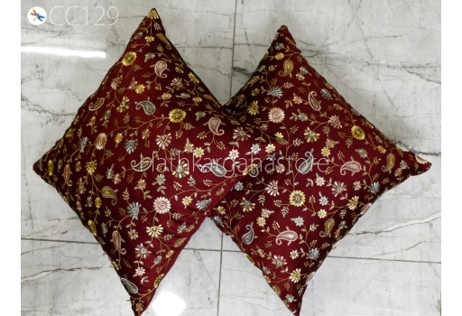 Indian Burgundy Embroidered Cushion Cover Handmade Embroidery Throw Pillow Decorative Home Decor Pillow Cover House Warming Bridal Shower Wedding Gifts