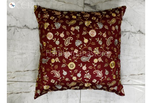 Indian Burgundy Embroidered Cushion Cover Handmade Embroidery Throw Pillow Decorative Home Decor Pillow Cover House Warming Bridal Shower Wedding Gifts