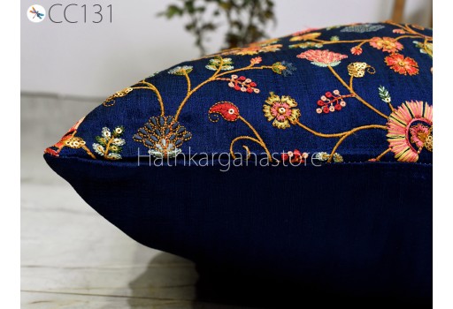 Blue Embroidered Cushion Cover Indian Handmade Embroidery Throw Pillow Decorative Home Decor Pillowcase Sham House Warming Bridal Shower Wedding Gift