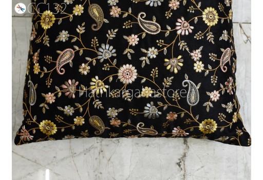 Black Floral Embroidered Cushion Cover Handmade Embroidery Throw Pillow Decorative Home Decor Pillowcase Sham House Warming Bridal Shower Wedding Gift