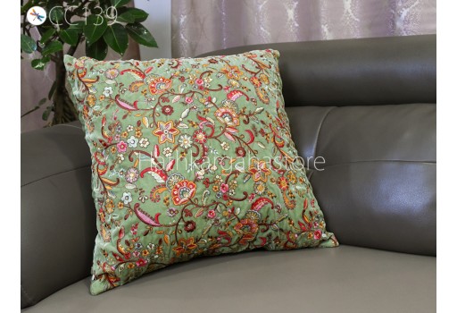Pista Green Velvet Cushion Cover Handmade Embroidered 18X18" Pillow Customize Decorative Home Decor Pillowcases House Warming Bridal Shower Indian Wedding Gift
